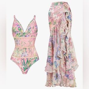 Sz S IDOPIP 2pc swimsuit bathing suit and wrap skirt floral spaghetti strap NWT